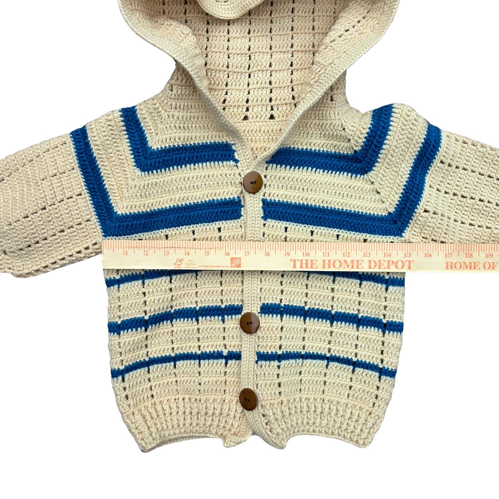 Handmade Boy's Sweater‎ Size 6 Cream Blue Stripe Hood Crochet Nautical Button - Picture 4 of 7